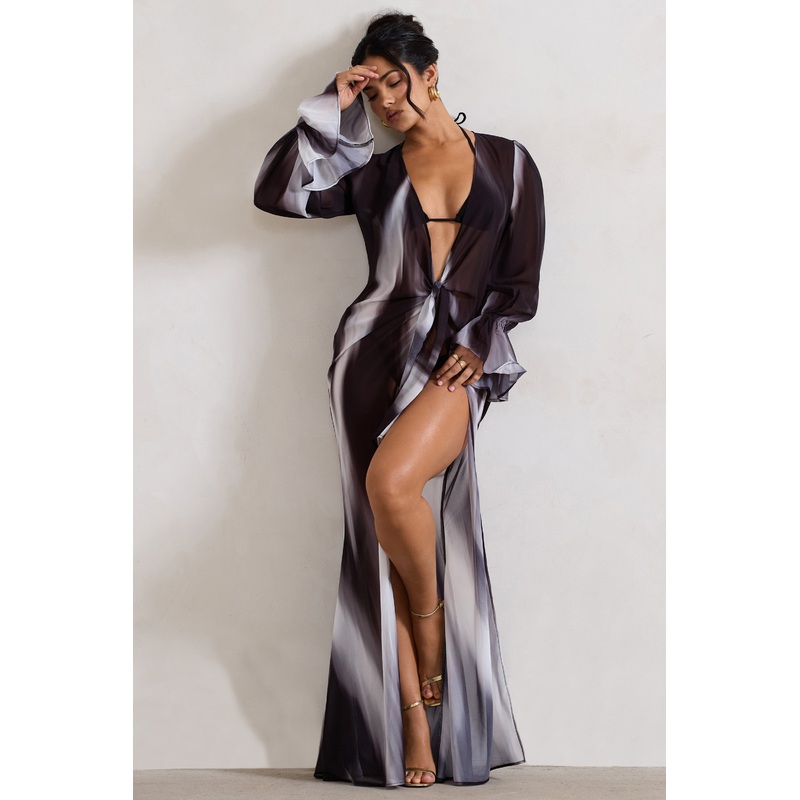 Bohemian | Black Print Longline Chiffon Cover-Up