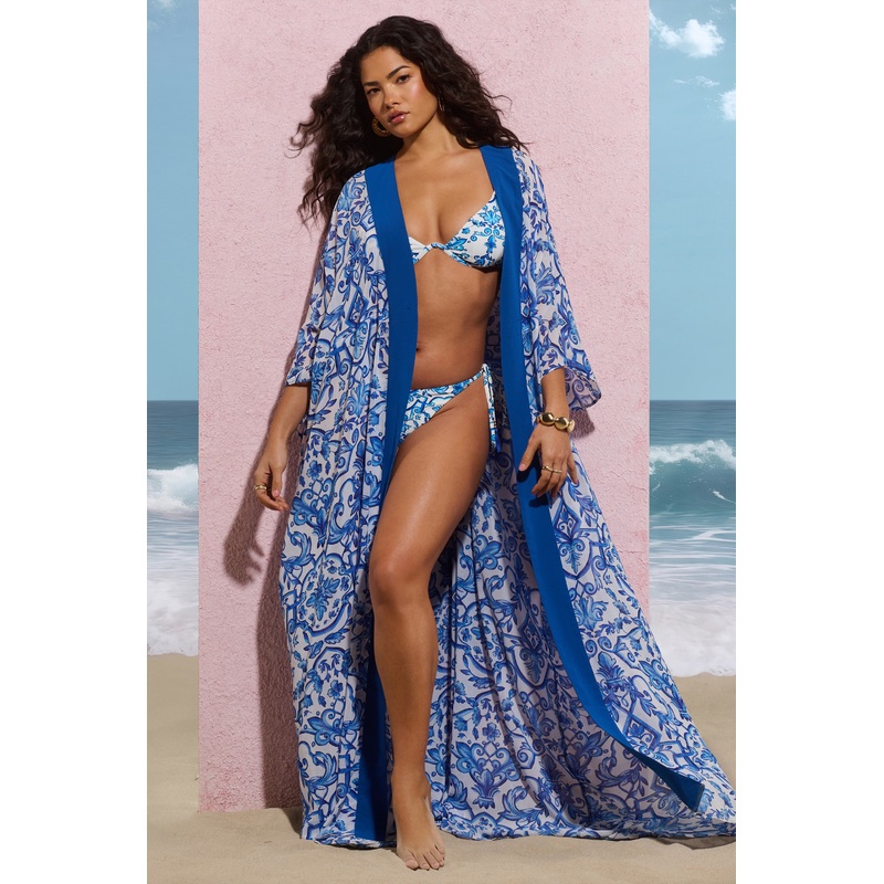 Breathe | Blue Porcelain Print Chiffon Long-Sleeved Cover Up