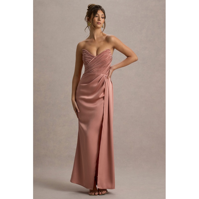 Edel | Pink Satin Strapless Maxi Dress With Drape