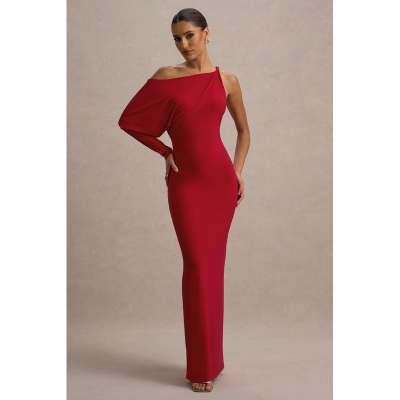 Floria | Red Draped One-Sleeve Maxi Dress