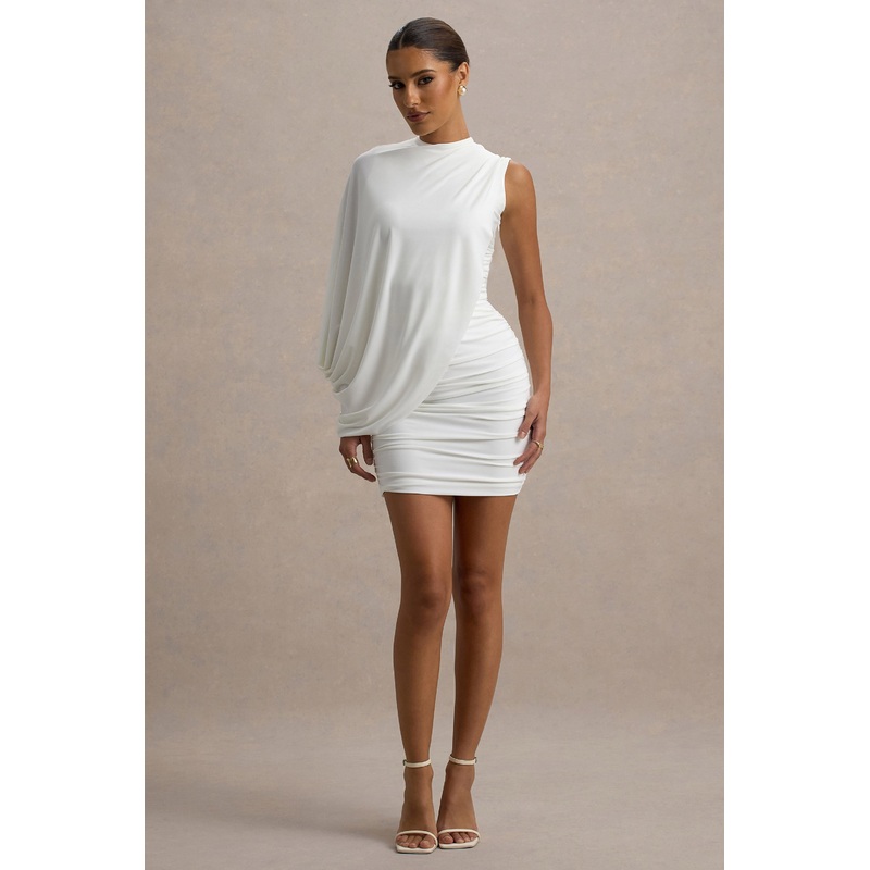 Fortuna | White Ruched Mini Dress With One-Sleeve