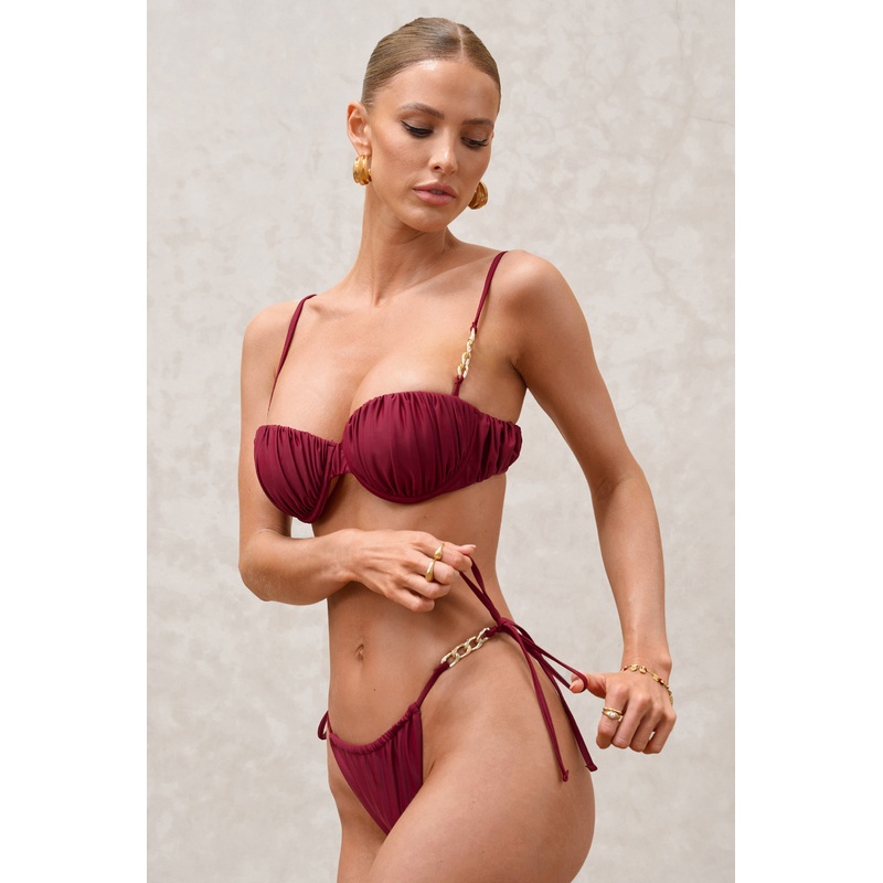 Fortune | Burgundy Pleated Chain Bikini Bottoms
