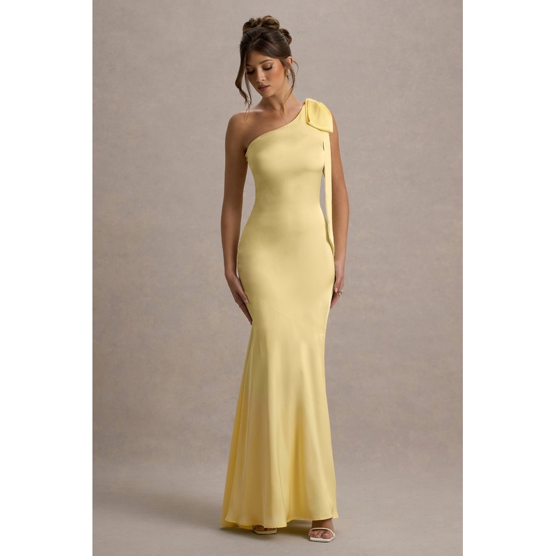 Here For Love | Pale Lemon Satin Asymmetric Maxi Dress With Bow