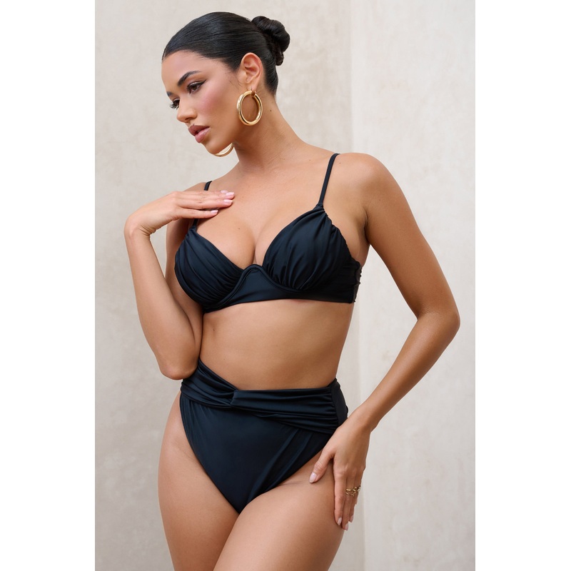 High Tide | Black High Waisted Twist Front Bikini Bottoms