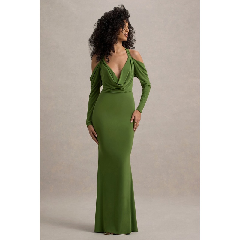 Hurghada | Green Plunge-Neck Long-Sleeve Maxi Dress