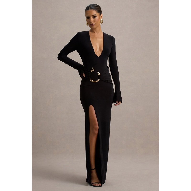 Idony | Black Plunge-Neck Gathered Split Maxi Dress With Ring Detail