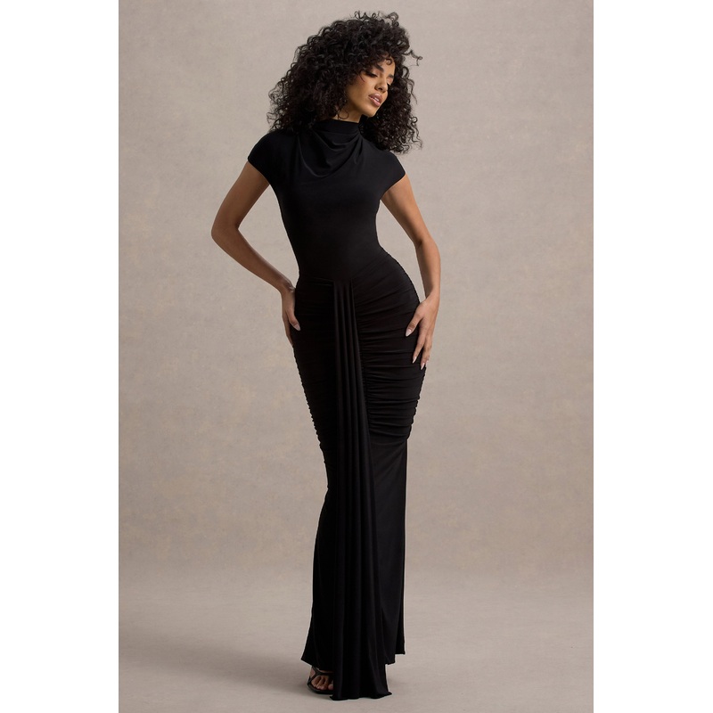 Lorenza | Black High-Neck Ruched Maxi Dress With Draped Skirt