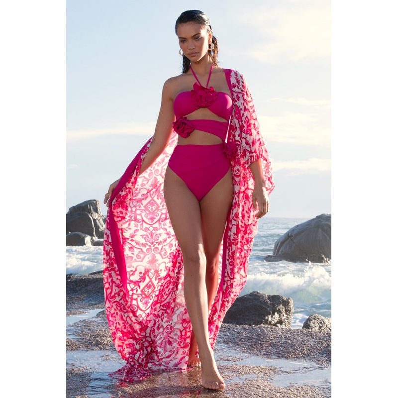 Monaco | Dark Pink Halter-Neck Swimsuit With Corsages