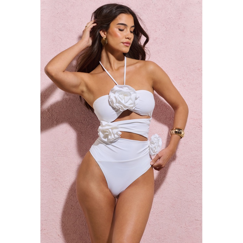 Monaco | White Halter-Neck Swimsuit With Corsages