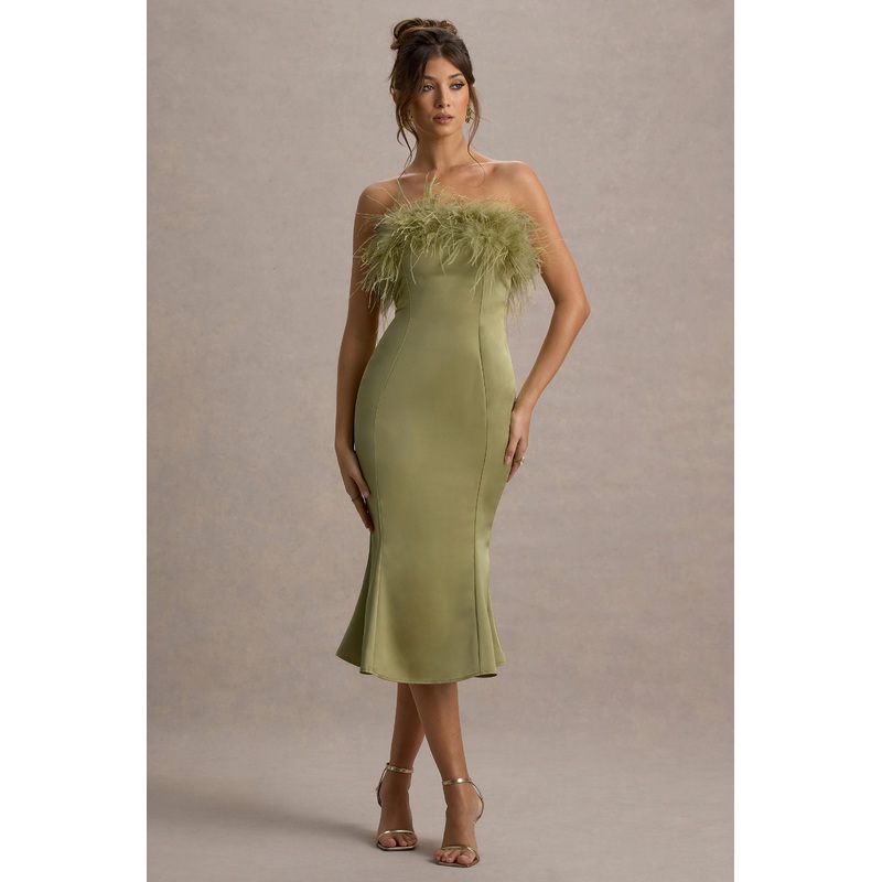 One And Only | Light Green Satin Feather Trim Bandeau Midi Dress