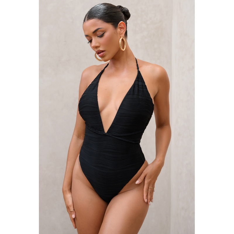Shipwrecked | Black Textured Plunging Swimsuit