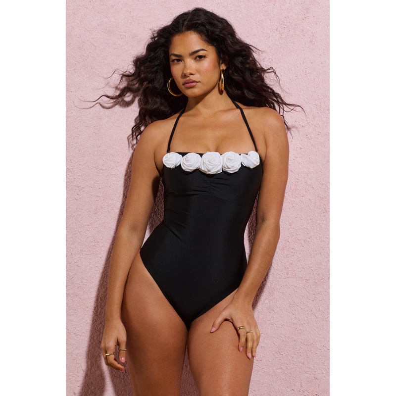 Susy | Black Halter-Neck Swimsuit With White Corsages