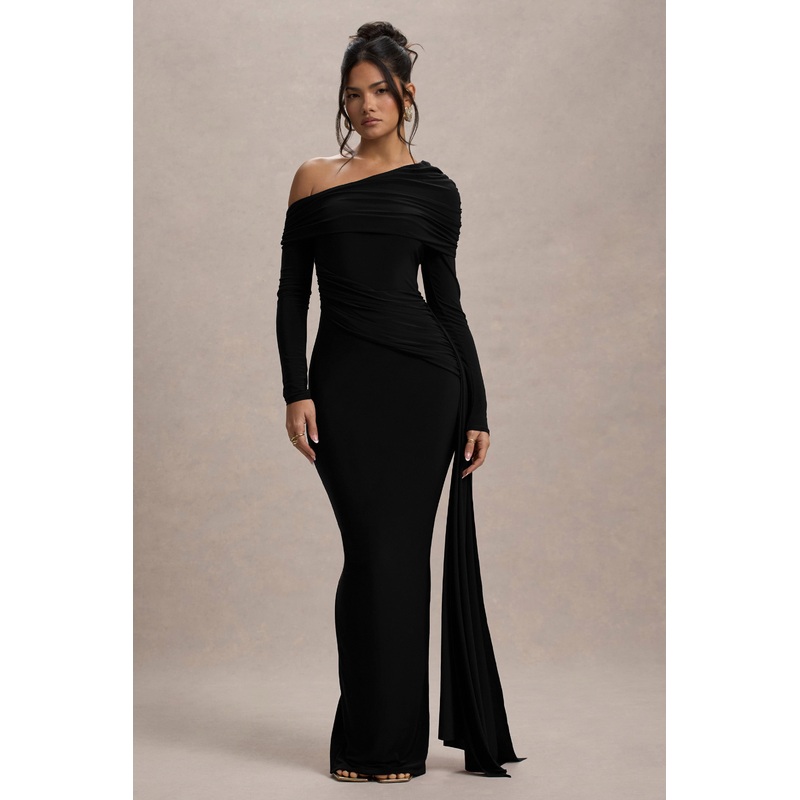 Valina | Black Ruched Asymmetric Maxi Dress With Drape