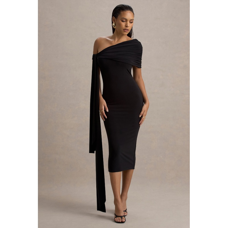 Vallea | Black One-Shoulder Draped Midi Dress