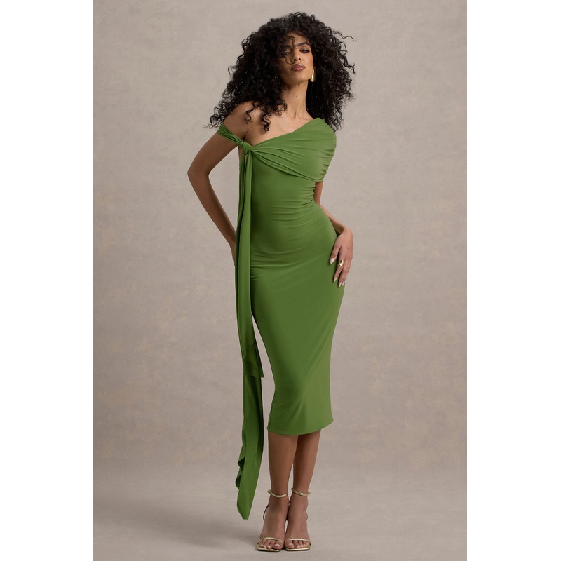Vallea | Green One-Shoulder Draped Midi Dress