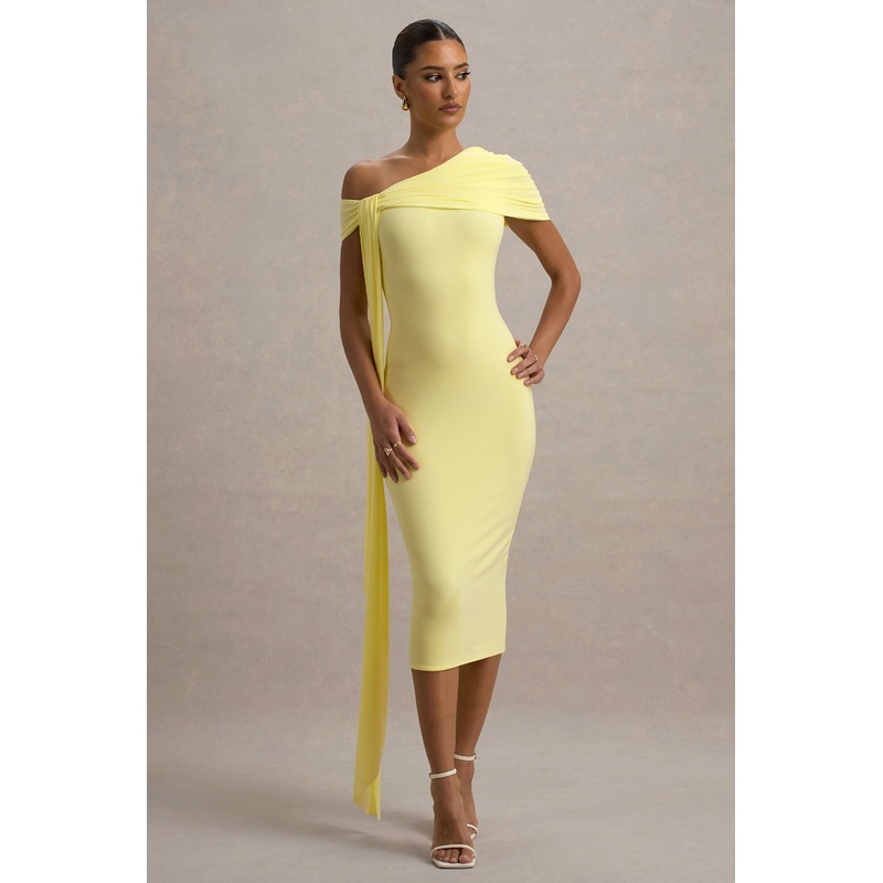 Vallea | Lemon One-Shoulder Draped Midi Dress