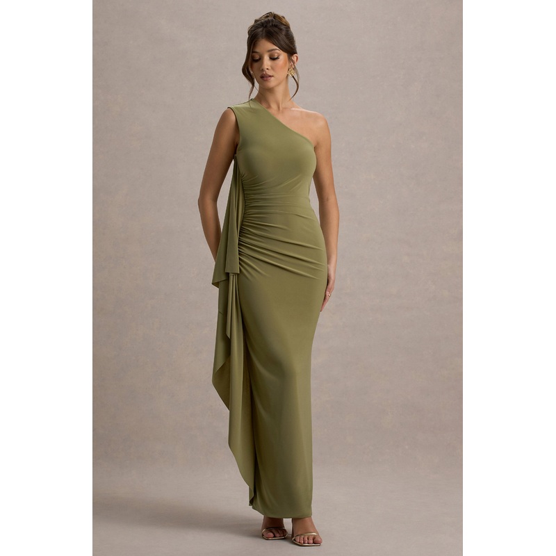 Adelina | Olive One-Shoulder Maxi Dress With Drape