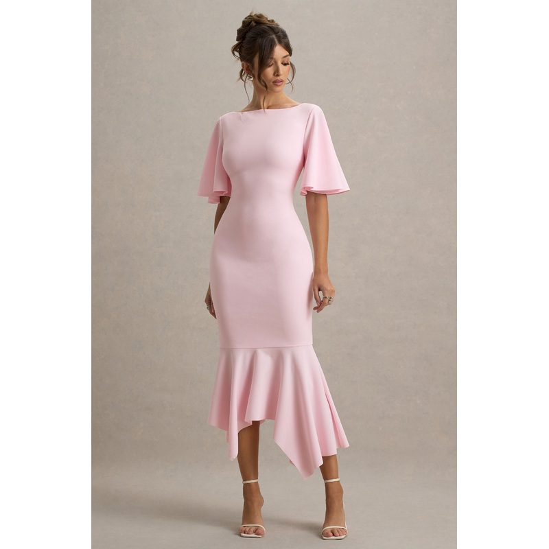 Ashling | Pink Flutter-Sleeve Hanky-Hem Midi Dress