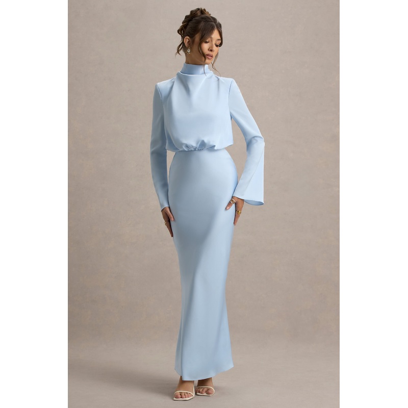 Celina | Powder Blue Satin High-Neck Maxi Dress