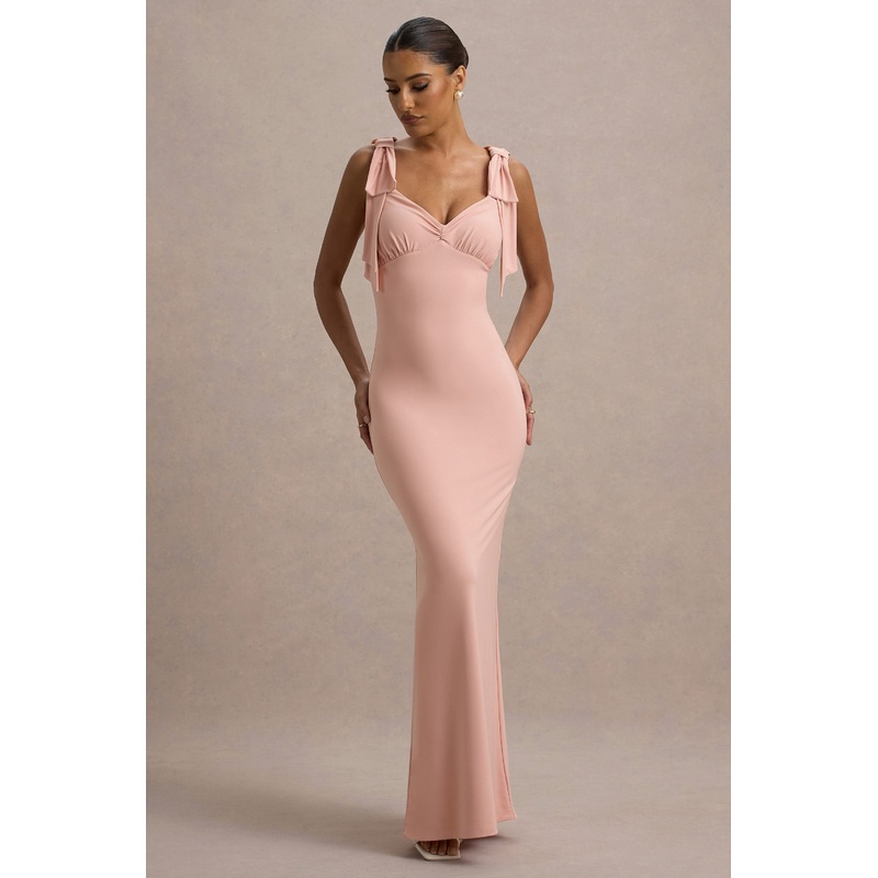 Evanna | Pink V-Neck Maxi Dress With Bow Straps
