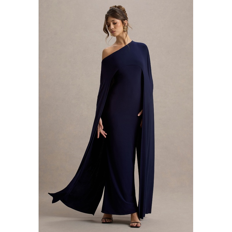 Florentina | Navy One-Shoulder Cape Maxi Dress