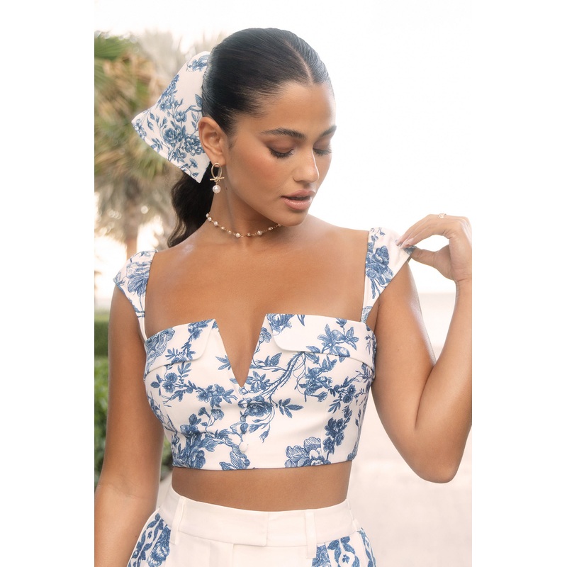 Locklea | Blue Porcelain Print Notched Crop Top