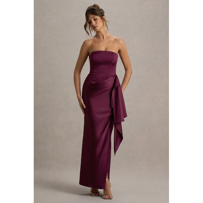 Loz | Burgundy Satin Bandeau Draped Maxi Dress