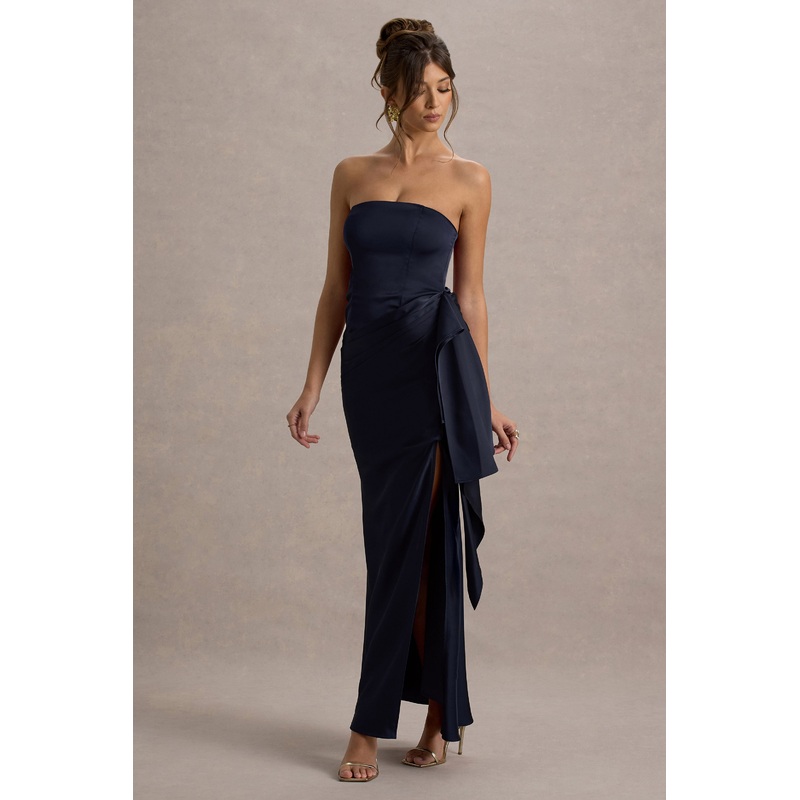 Loz | Navy Satin Bandeau Draped Maxi Dress