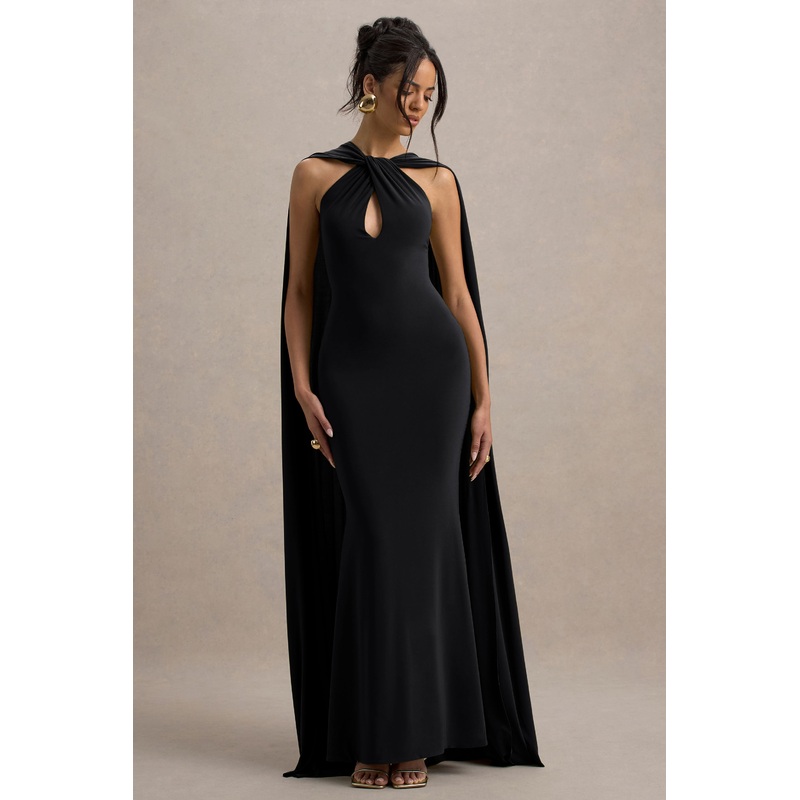 Rhoda | Black Twist Halter-Neck Cape Maxi Dress
