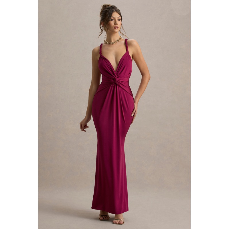 Santez | Dark Cherry Twisted Plunge-Neck Maxi Dress