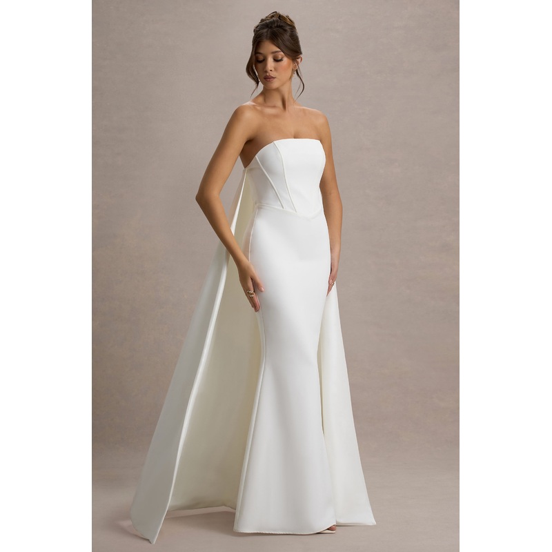 She’s Trouble | White Bandeau Maxi Dress With Cape
