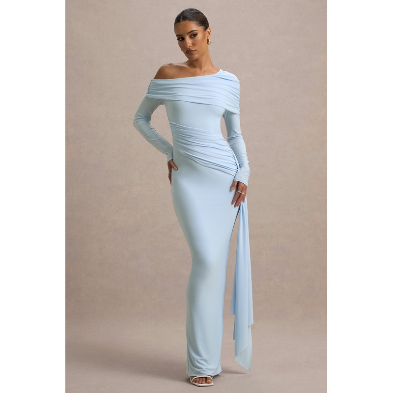 Valina | Powder Blue Ruched Asymmetric Maxi Dress With Drape