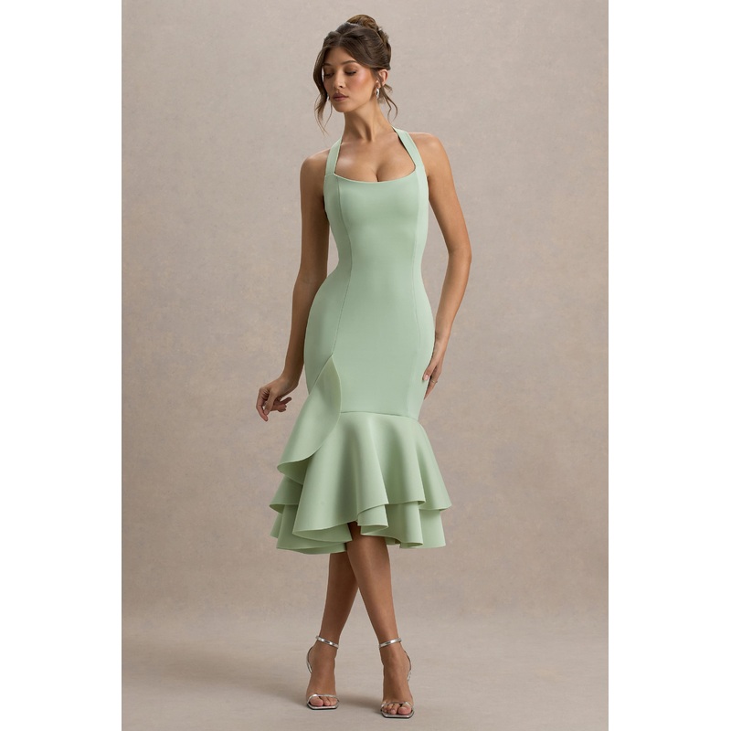 Arla | Light Green Halter Neck Ruffle Trim Midi Dress