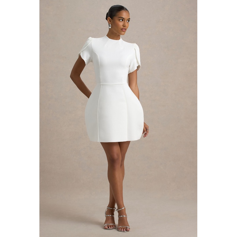 Carabella | White High-Neck Short-Sleeve Mini Dress