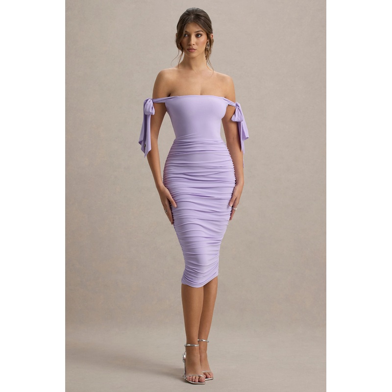 Citrus | Lilac Bardot Bodycon Midi Dress With Bow Sleeves