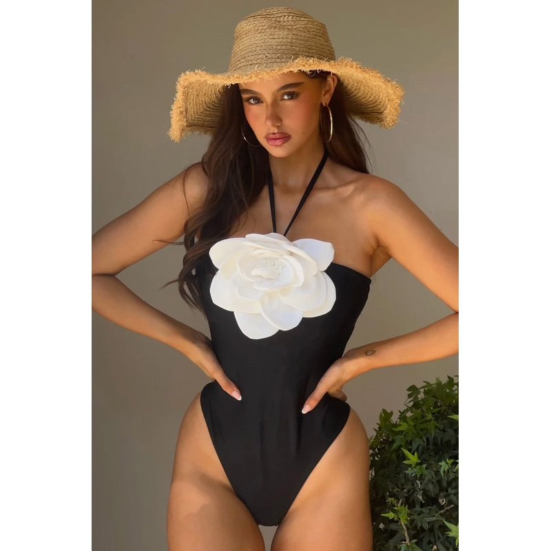Daisy Delight | Black & White Halter-Neck Swimsuit With Corsage