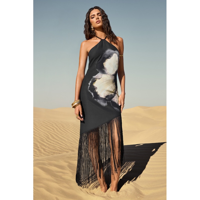Dhalia | Black Floral Print Halter-Neck Fringe Maxi Dress