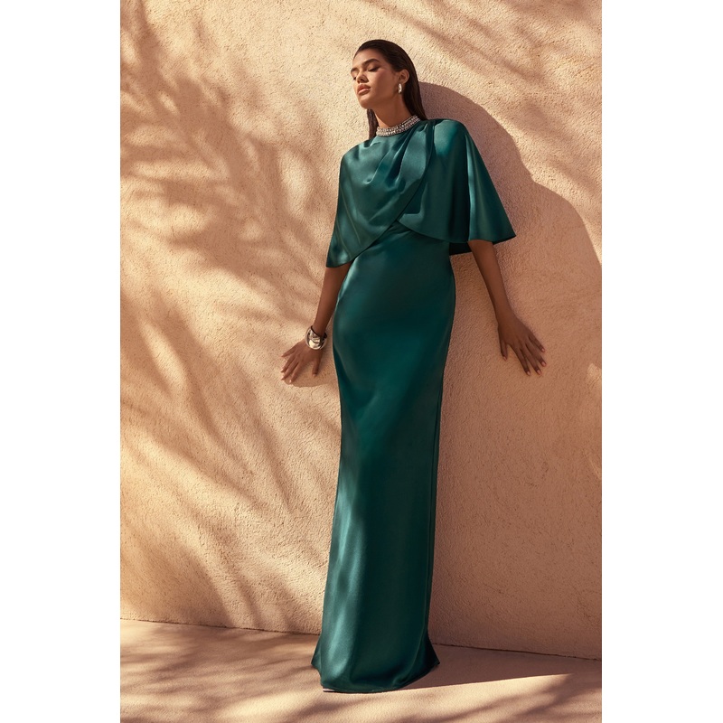 Diletta | Bottle Green Cape Maxi Dress