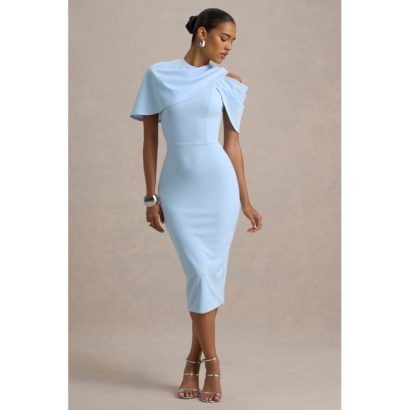 Dorothea | Blue Draped Midi Dress With Cape