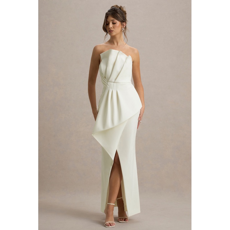 Dreamy Whispers | Cream Strapless Ruffle Split Maxi Dress