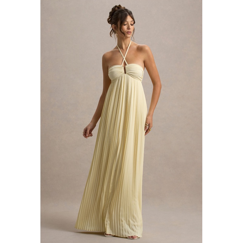 Elayne | Pale Lemon Halter-Neck Maxi Dress With Cut-Out Detail
