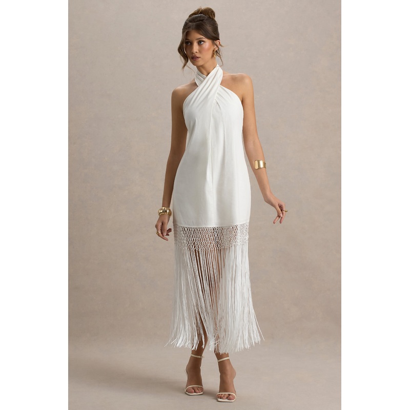 Fiametta | Ecru Linen Halter-Neck Fringe Maxi Dress