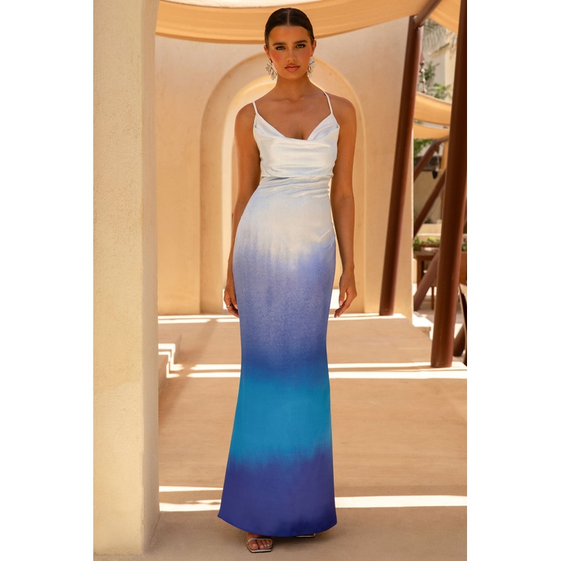 Fiji | Blue Ombre Satin Cowl-Neck Strappy Maxi Dress