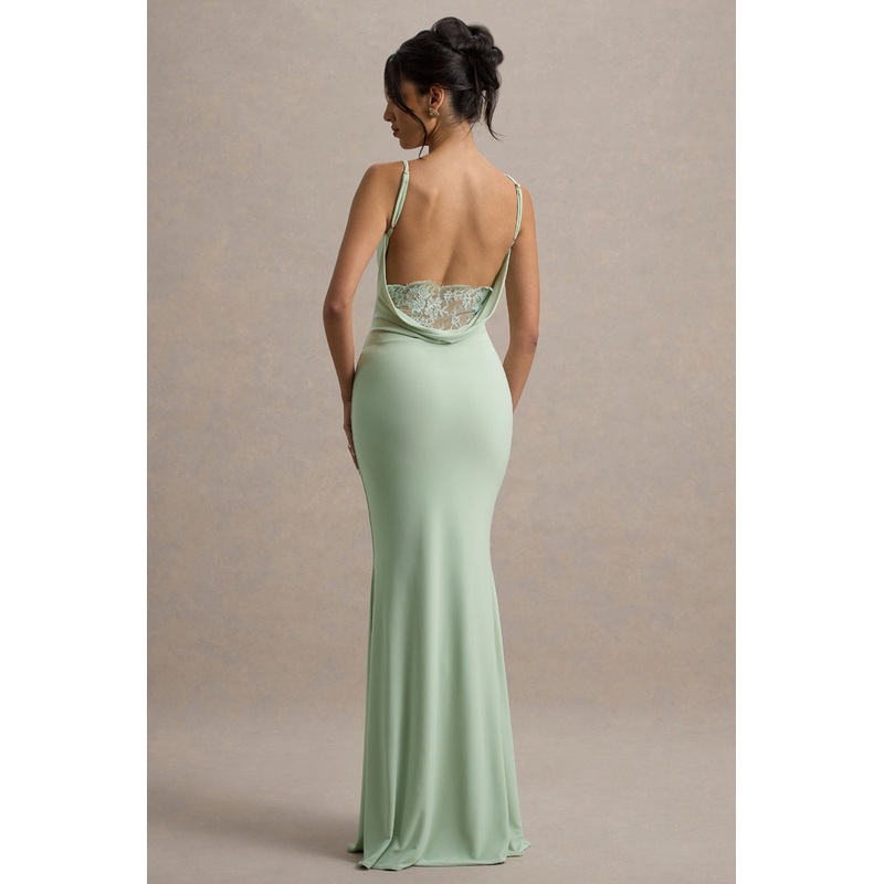 Francoise | Light Green Cowl Neck Backless Maxi Dress With Lace Insert