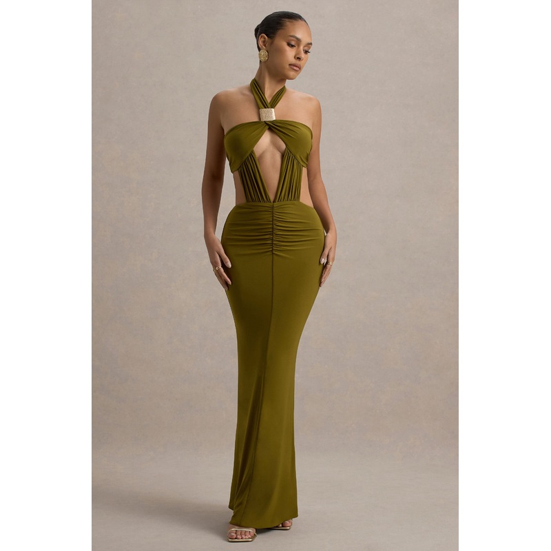 Giuseppa | Green Halter-Neck Cut-Out Maxi Dress