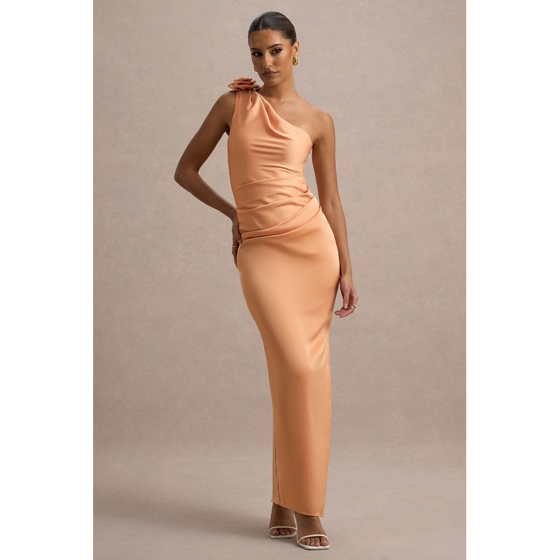 Janette | Peach Satin One-Shoulder Split Maxi Dress With Corsage