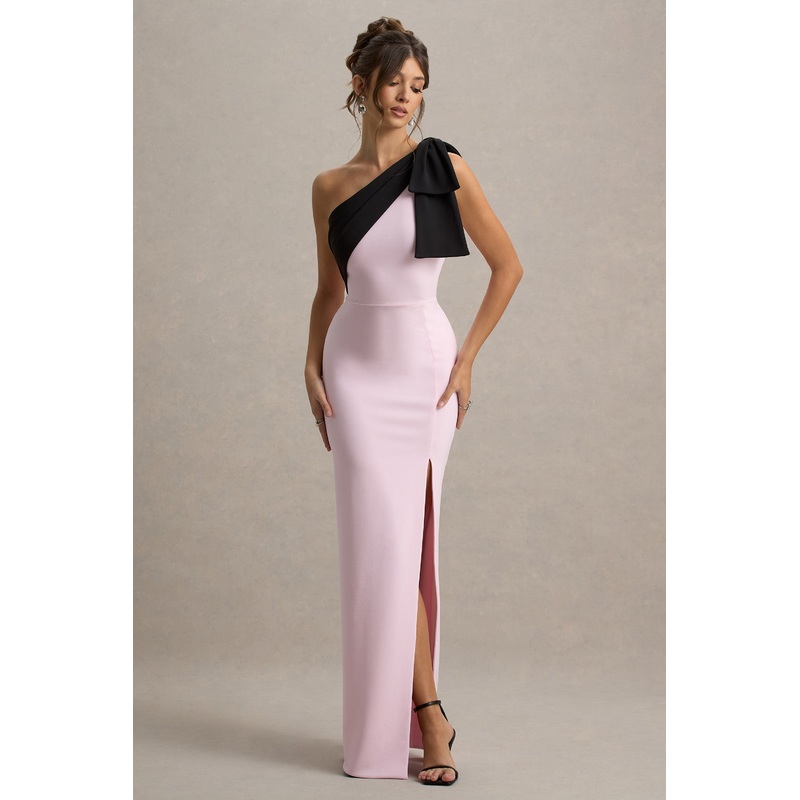 Kiri | Pink & Black One-Shoulder Bow Maxi Dress