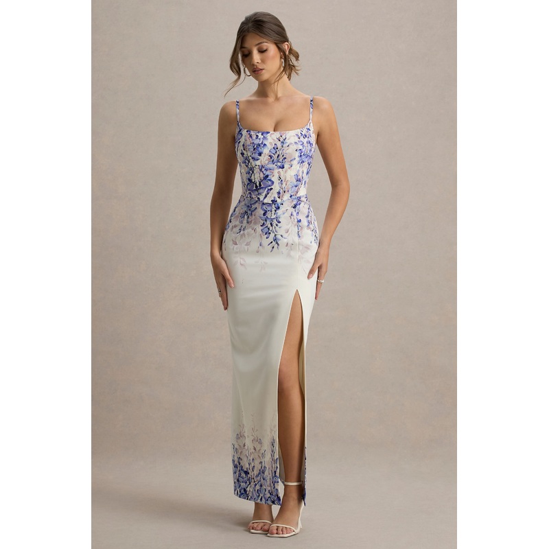 Lupita | Wisteria Print Linen Split Maxi Dress