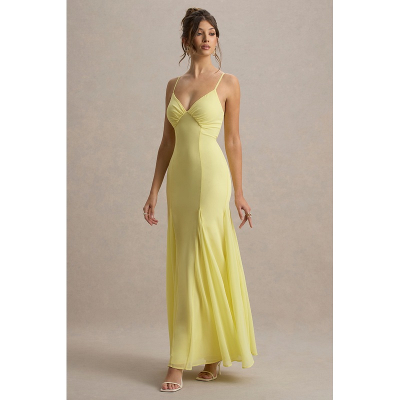 Massie | Lemon Chiffon Strappy Maxi Dress With Volume Hem