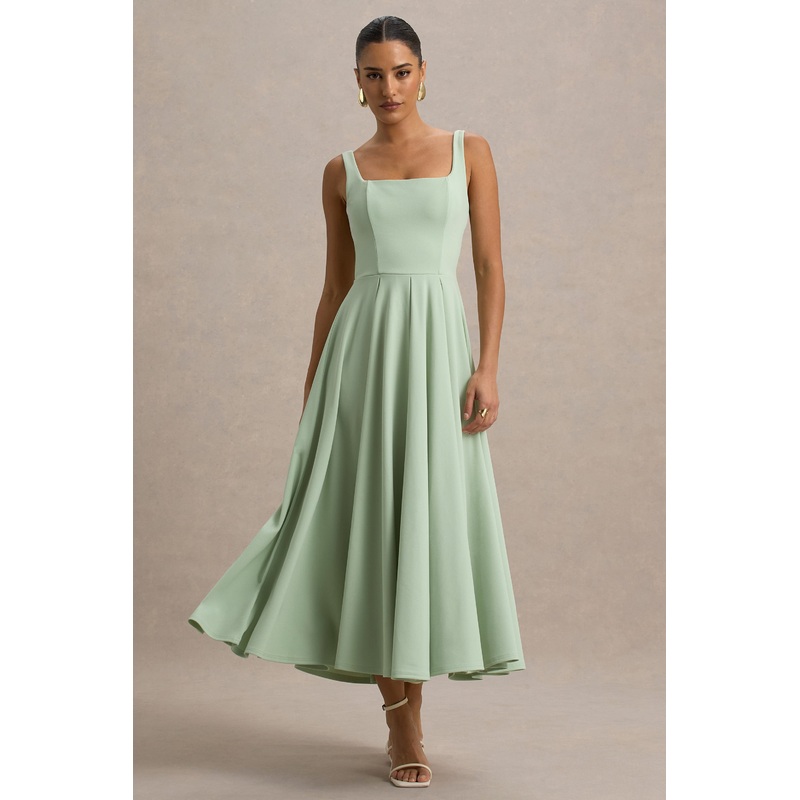 Parina | Light Green Strappy Volume-Hem Midi Dress